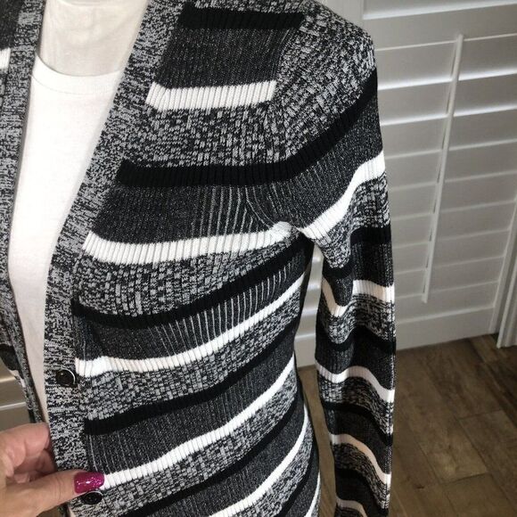 Tommy Hilfiger Long Black And White Sweater Cardigan XS Ribbed Stretch Button - Picture 9 of 12